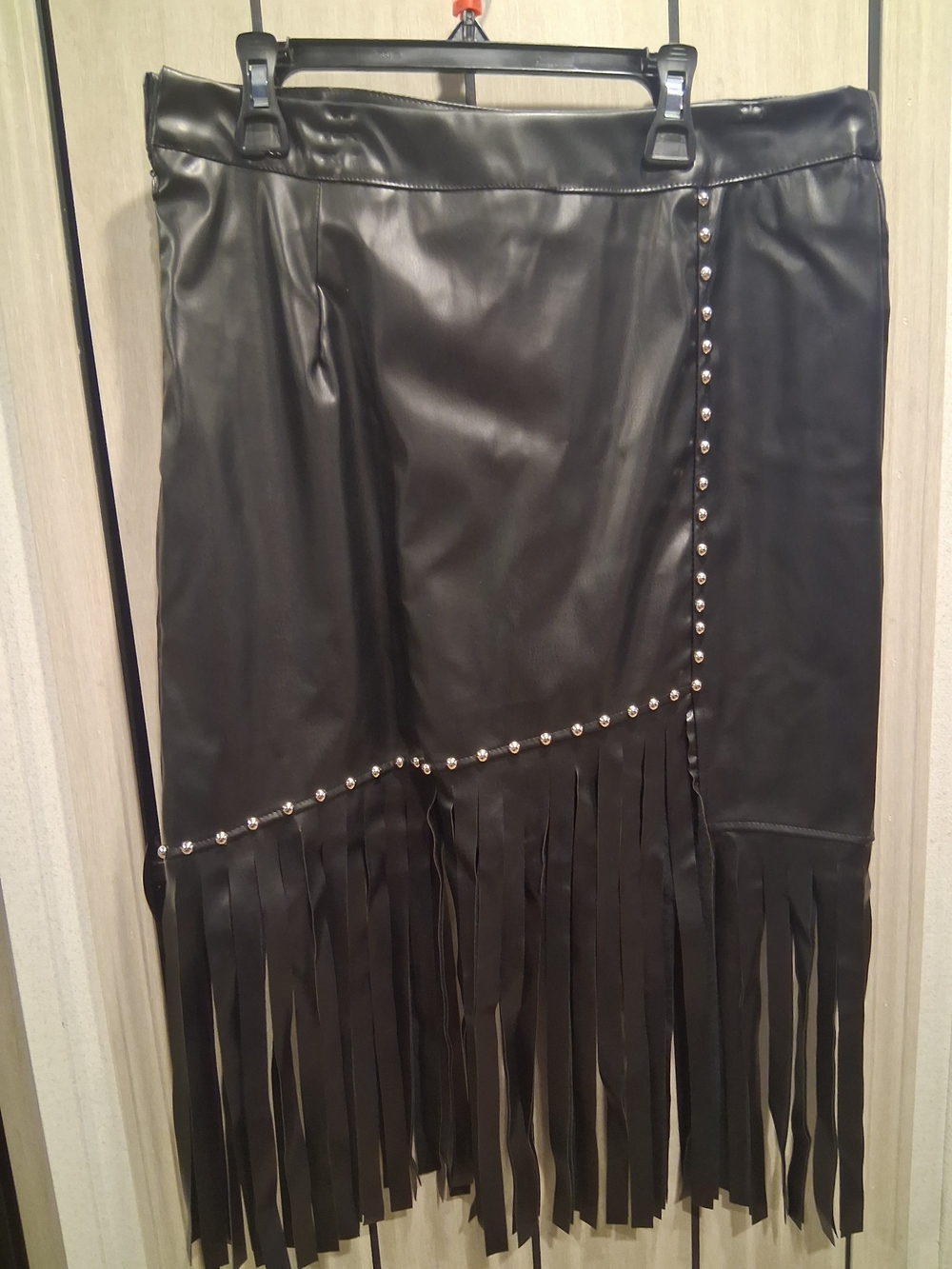 Black Faux Leather Fringe Skirt with Stud Detail